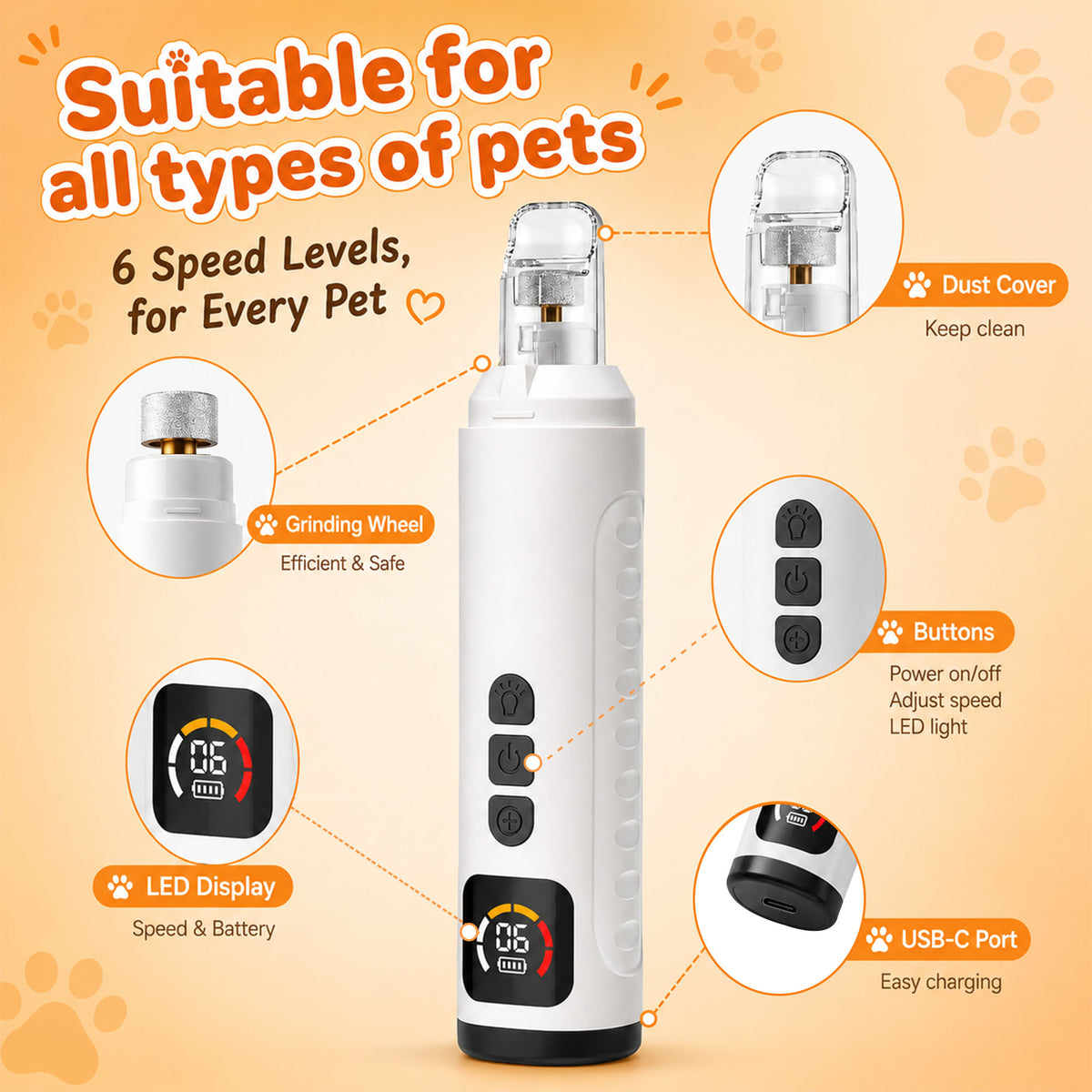 Dog Nail Clippers Electric 6 Speed Cat Nail Clipper with LED Display Low Noise Dog Nail Grinder Quiet Design for Small Medium Large Pets Nail Trimmers 8Hrs Playtime USB Charge Painless Paws Grooming