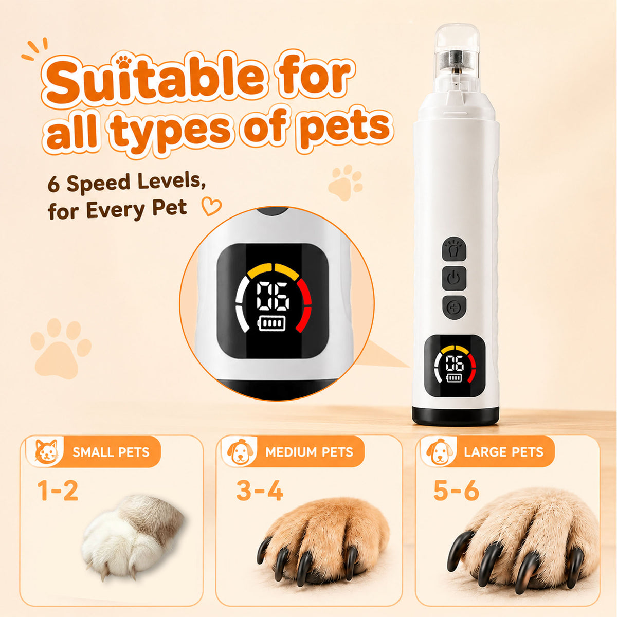 Dog Nail Clippers Electric 6 Speed Cat Nail Clipper with LED Display Low Noise Dog Nail Grinder Quiet Design for Small Medium Large Pets Nail Trimmers 8Hrs Playtime USB Charge Painless Paws Grooming